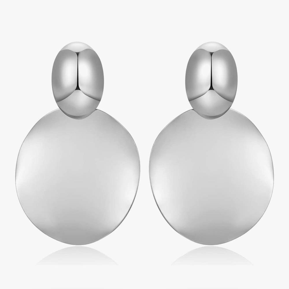 Statement Drop Silver Dangle Round Hammered Earri… - image 1